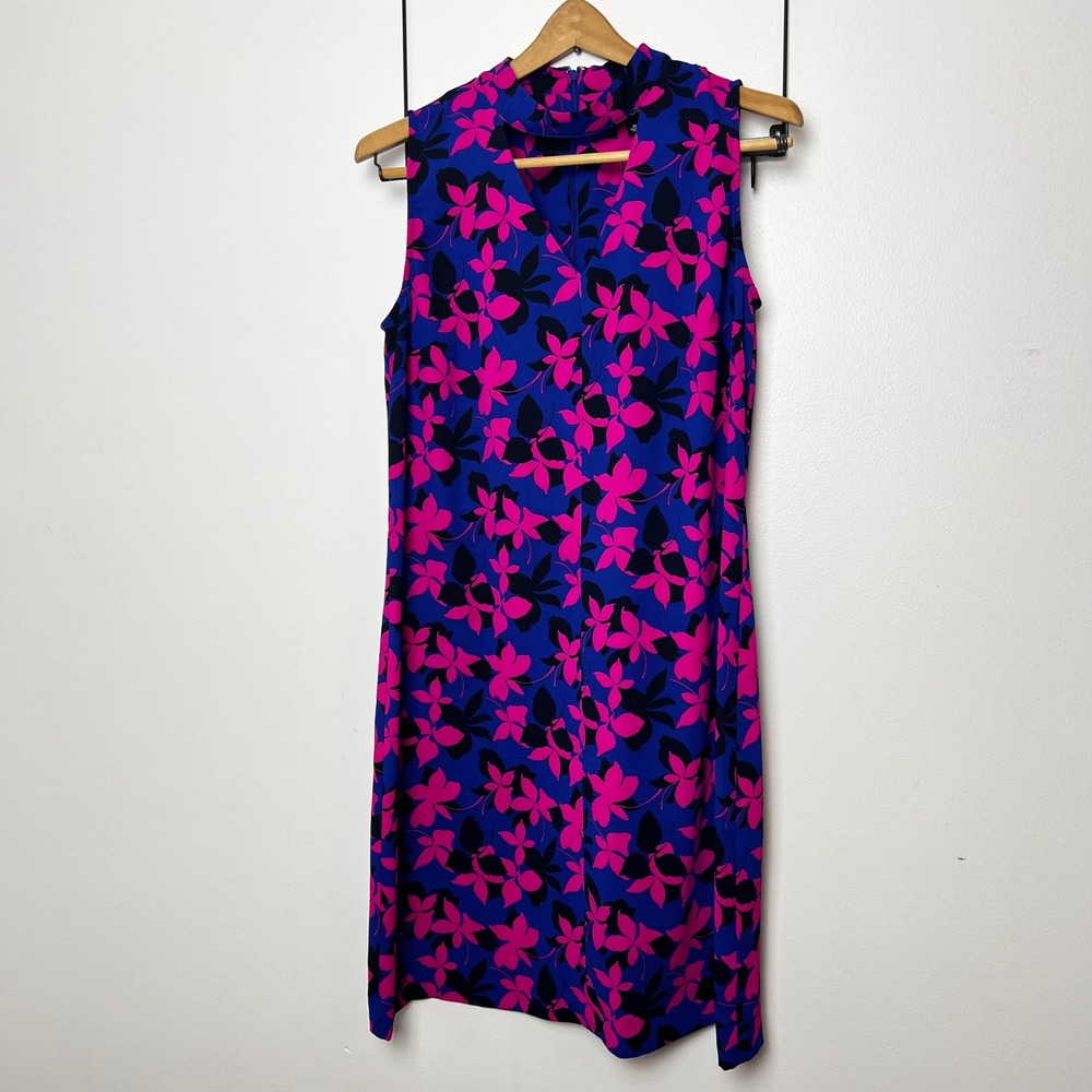 Roz & Ali Womens Blue Pink Floral Choker Neck Cutout Sheath Dress Size 10